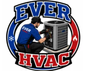 Ever HVAC logo with technician servicing an HVAC unit, blue and red circular design