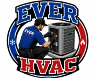 Ever HVAC logo with technician servicing an HVAC unit, blue and red circular design