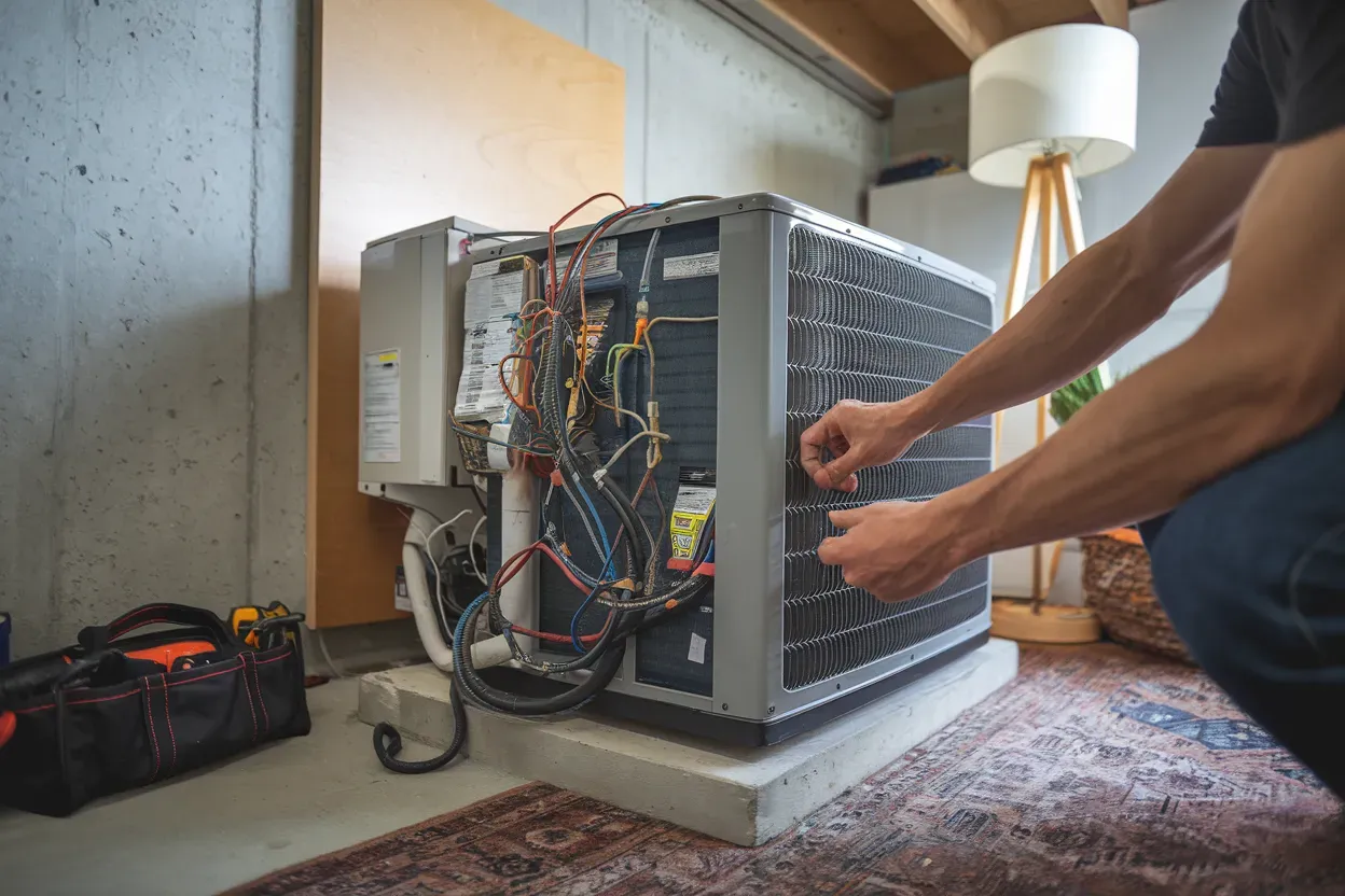 Person kneeling beside an open computer tower, adjusting cables in a living room.