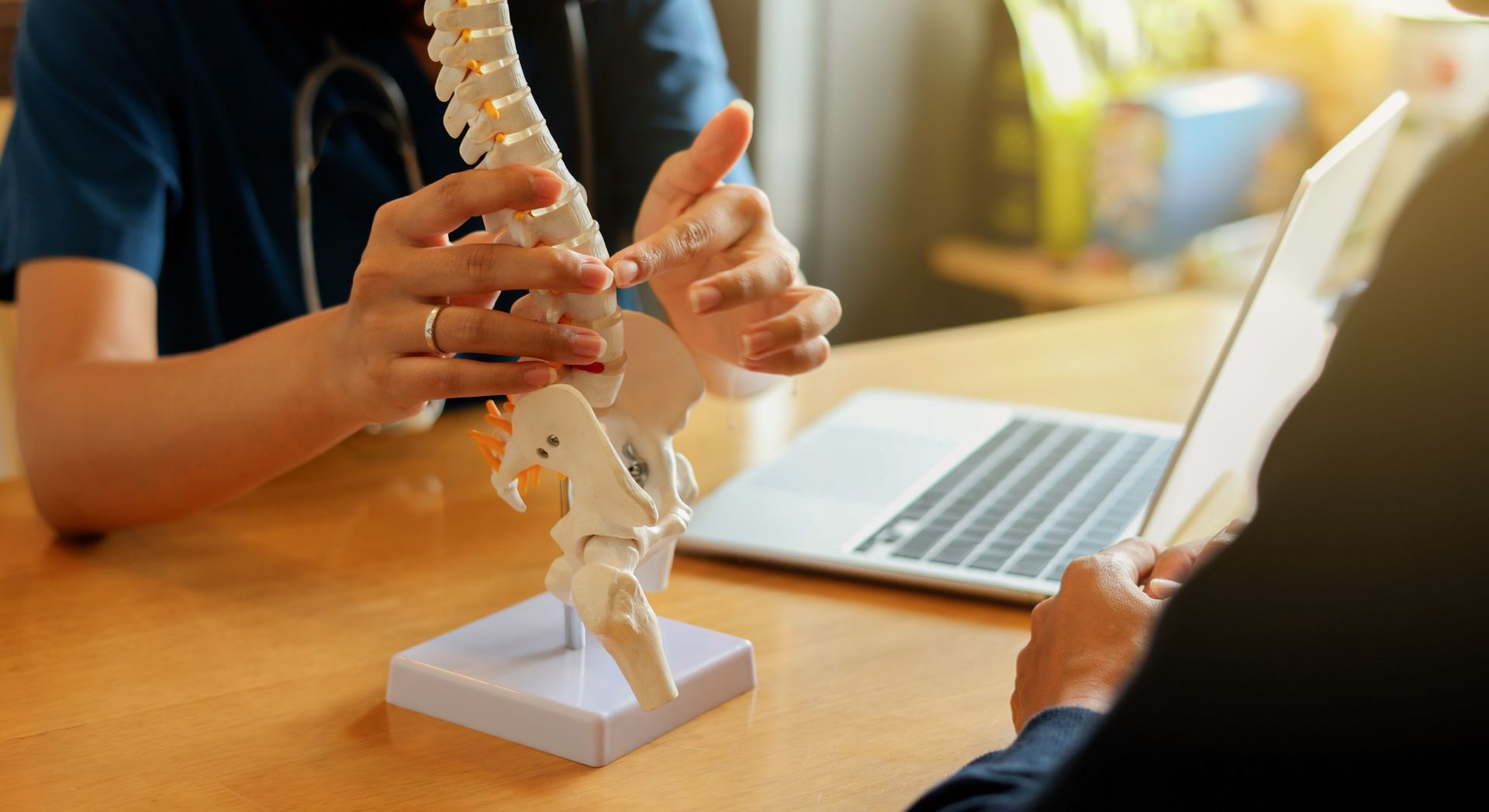 Chiropractor explaining spinal health using a model during a consultation in the clinic. Chiropractor explaining spinal health using a model during a consultation in the clinic.
