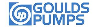 The logo for goulds pumps is blue and white.
