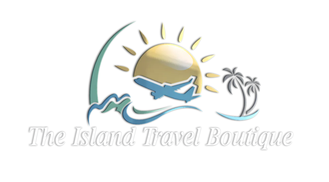 Logo for The Island Travel Boutique: sun, airplane, waves, palm trees.