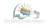 Logo for The Island Travel Boutique: sun, airplane, waves, palm trees.