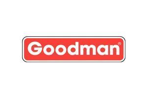 A red and white goodman logo on a white background.