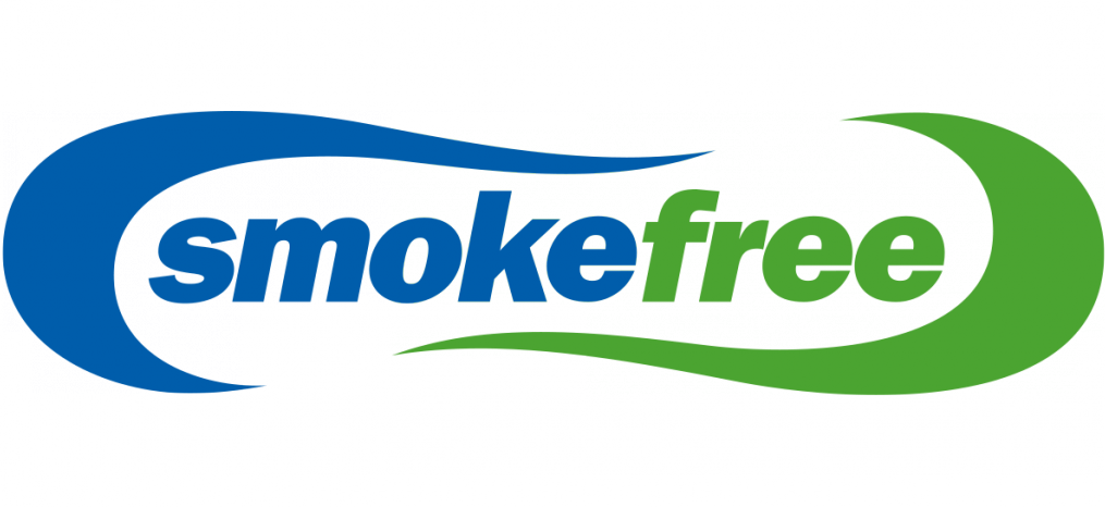 the smokefree logo is blue and green and looks like a wave .