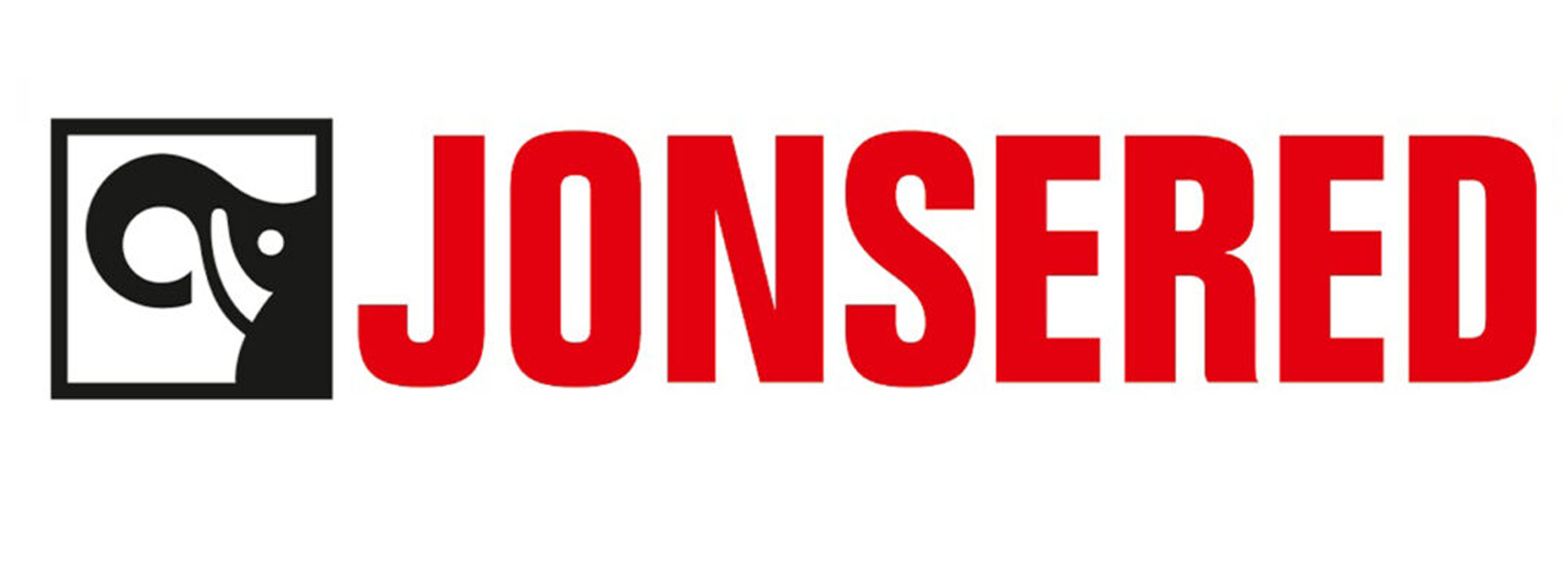 A red and black logo for jonsered with a snake in a square.