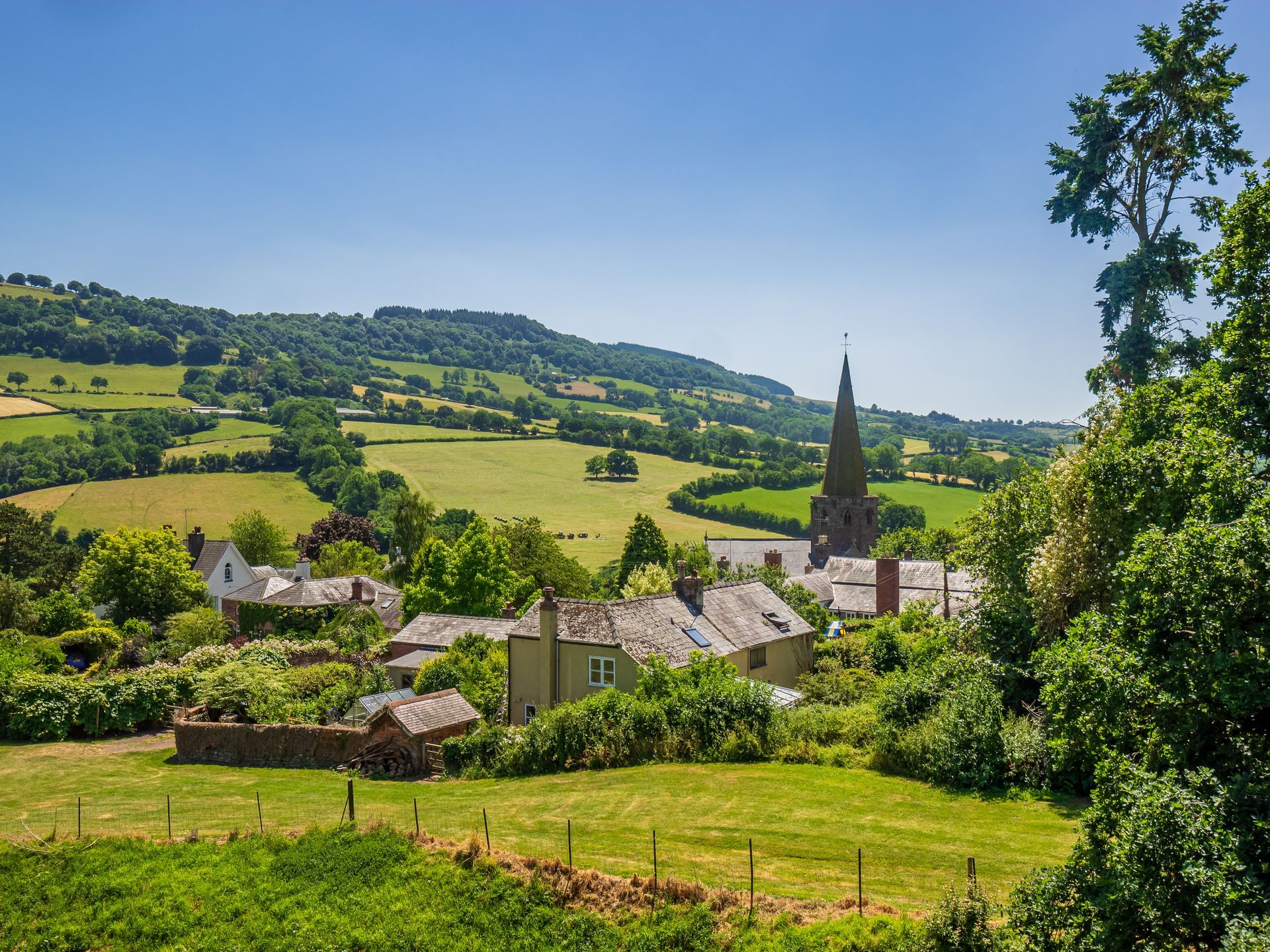 View of the quaint village of Grosmont, Monmouthshire on the border of Wales and England, set in beautiful Welsh countryside.