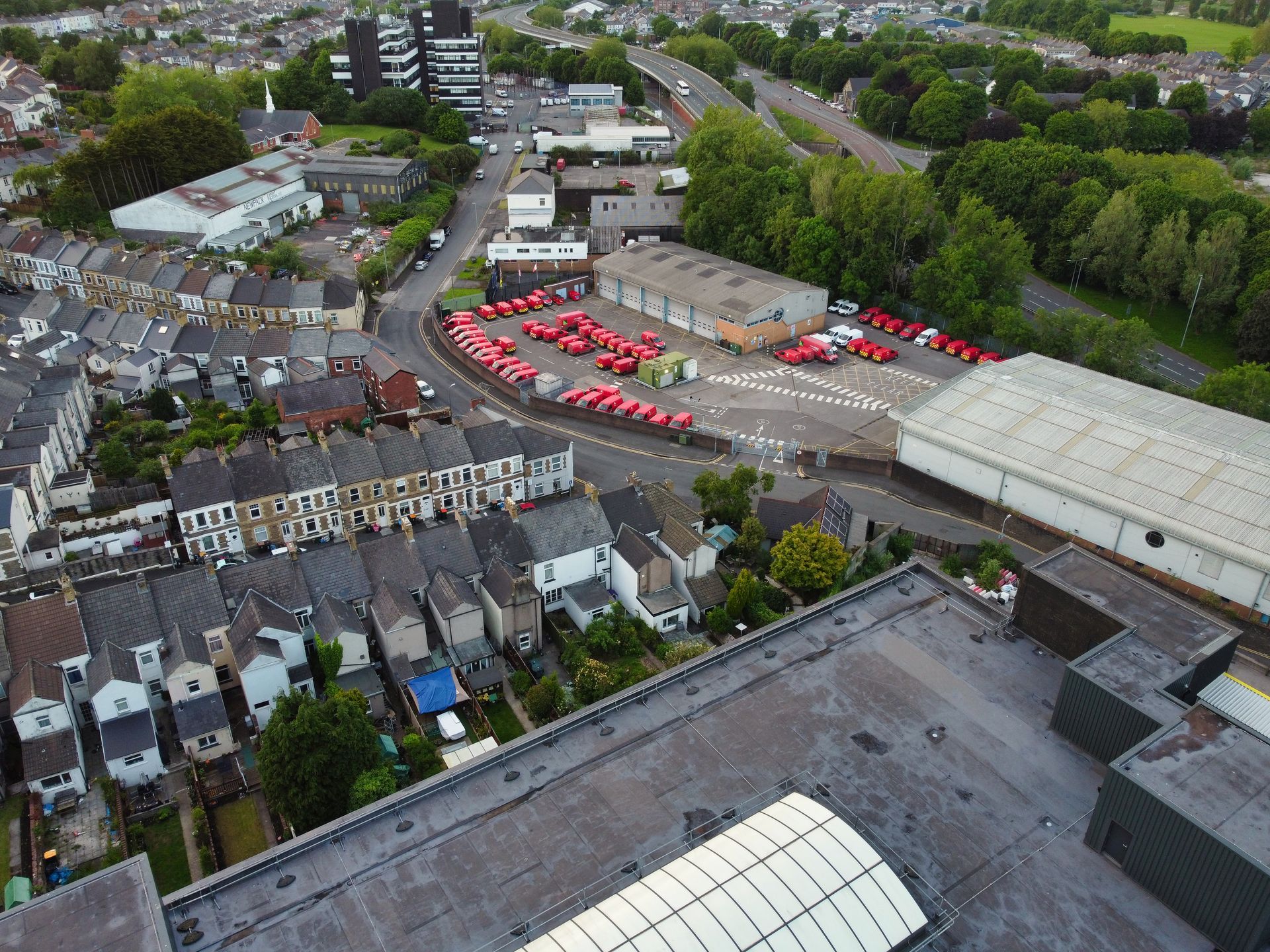 Aerial view of Factory Road, Newport, Wales, United Kingdom. The image shows the Royal Mail sorting office and the design studios of DEZINES Internet Solutions Limited, 4 Factory Road, Newport, NP20 5FA.