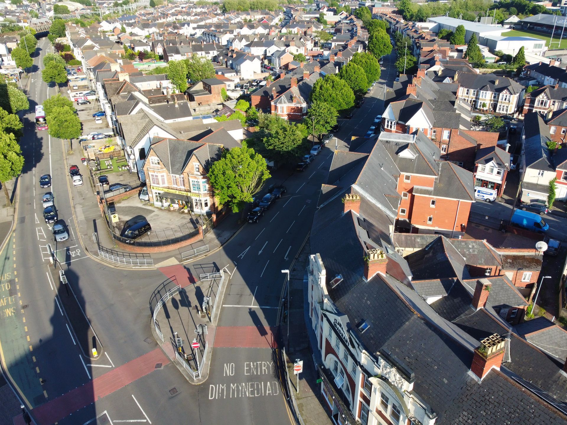 Aerial view of Clarence Place at the junction of Corporation Road and Chepstow Road, Newport, Wales, United Kingdom.