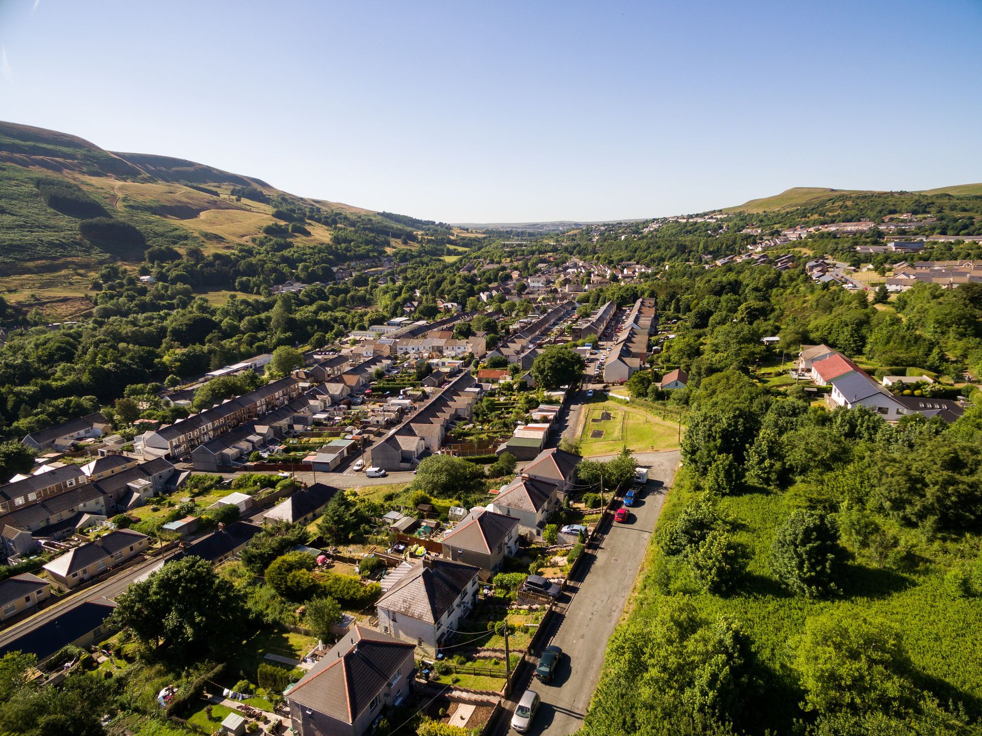 Ariel view of a pre WWII terraced properties and 1950's Council houses in Blaenavon, Wales, United Kingdom.