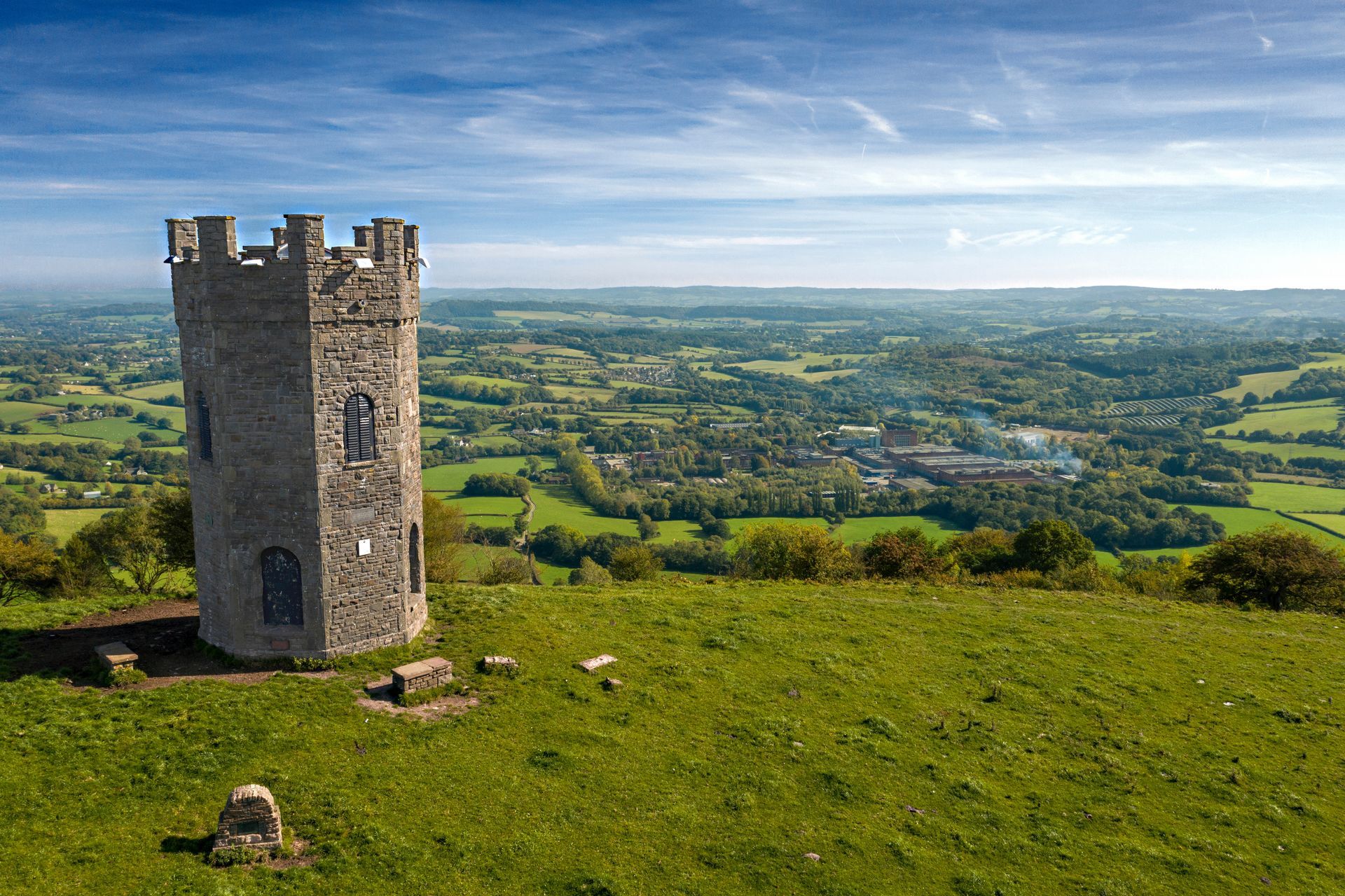 A beautiful view of The Folly, on Trevethin mountain on the outskirts of Pontypool, and surrounding private and commercial properties, Torfaen, Wales, United Kingdom.