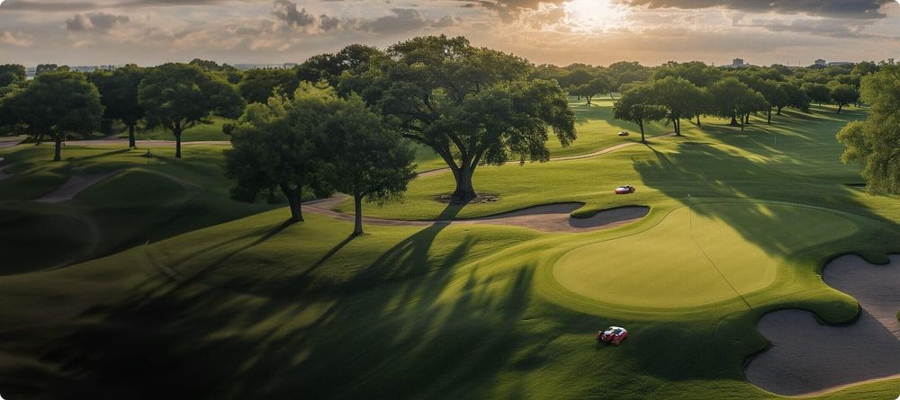 Vista aerea di un campo da golf con fairway verdi, trappole di sabbia e alberi sotto un cielo nuvoloso.
