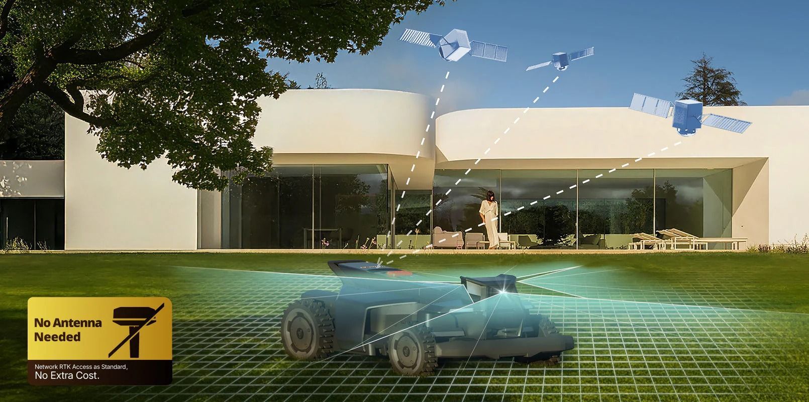 Tosaerba robotizzato su un prato a griglia, che utilizza i satelliti GPS per la navigazione, con una casa moderna sullo sfondo.