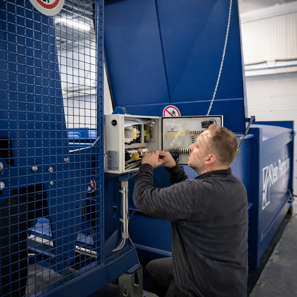 Een technicus werkt aan het open elektrische bedieningspaneel van een grote blauwe industriële machine in een magazijn.