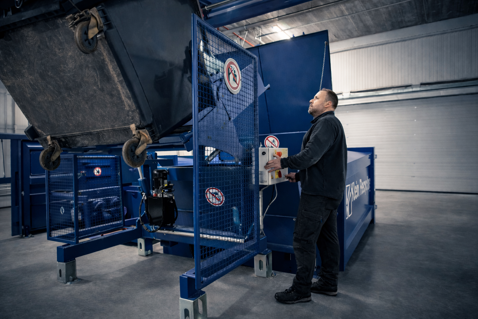 Een medewerker bedient een blauwe industriële afvalpersmachine in een magazijn.