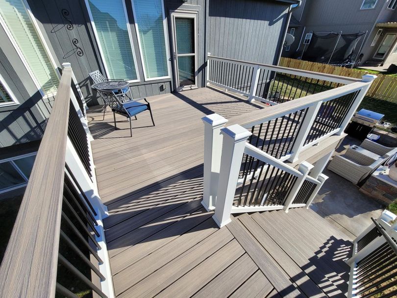 An aerial view of a deck with stairs leading up to it.