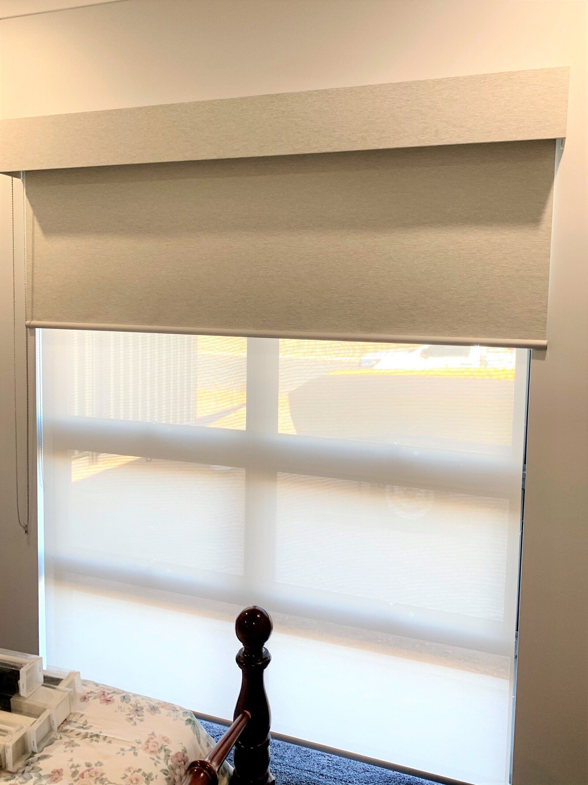 Double Grey Blinds In A Bedroom — Blinds, Curtains And Shutters In Alice Springs, NT