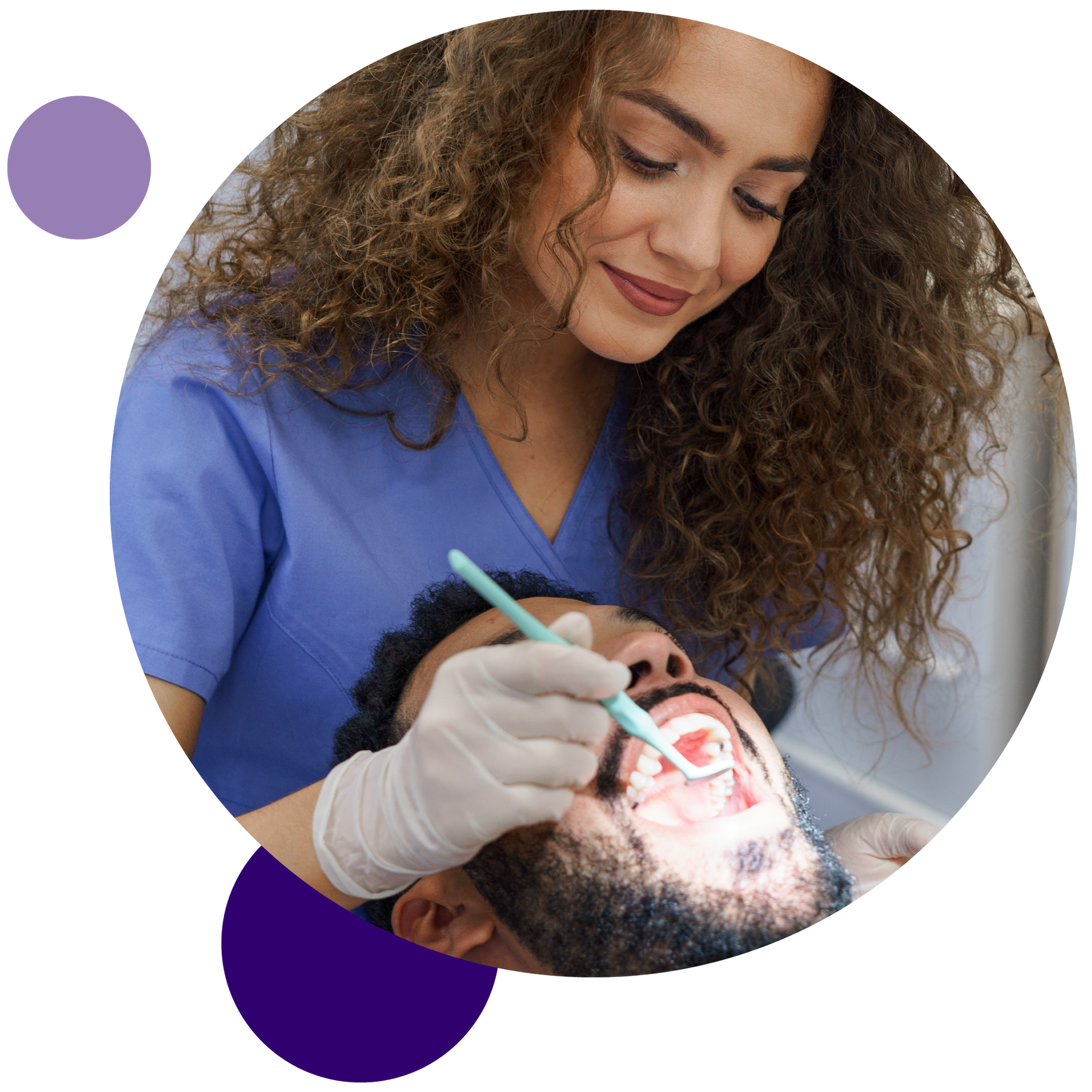 A woman is cleaning a man's teeth with a brush