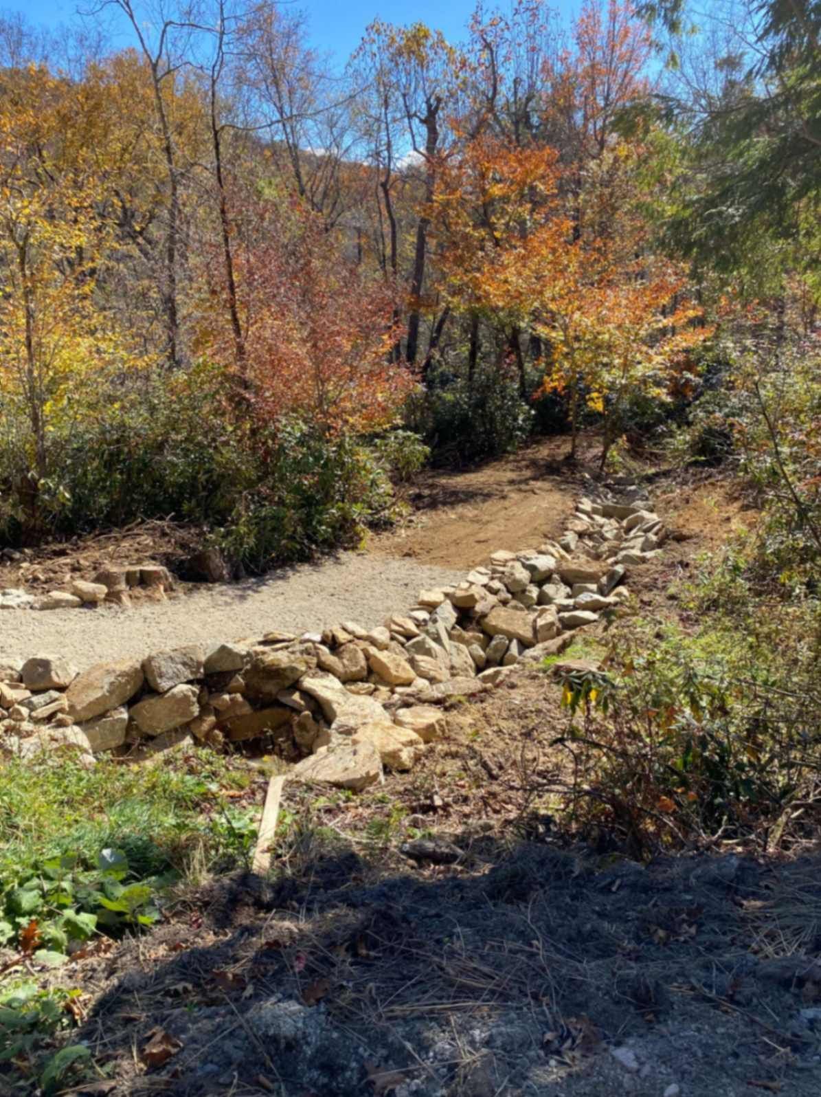 Stone-lined path winding through a forest with fall foliage; sunny day.