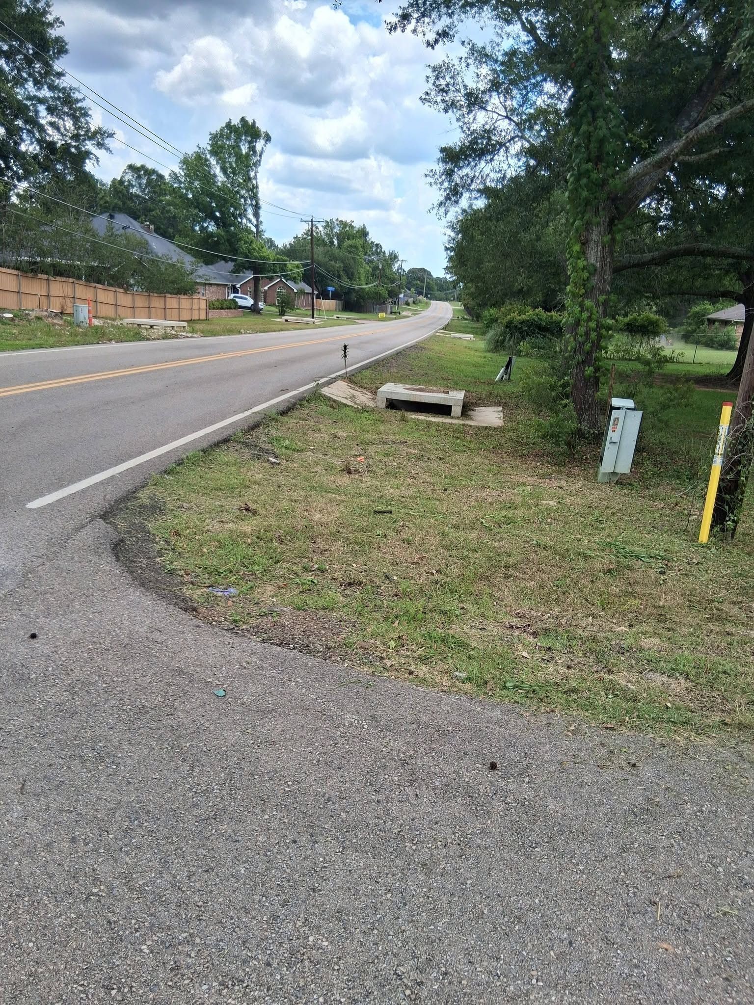 Rural roadside curve with gravel shoulder, grassy ditch, trees, and a utility pole under cloudy sky