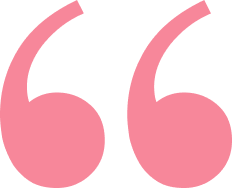 A pair of pink quote marks on a white background.