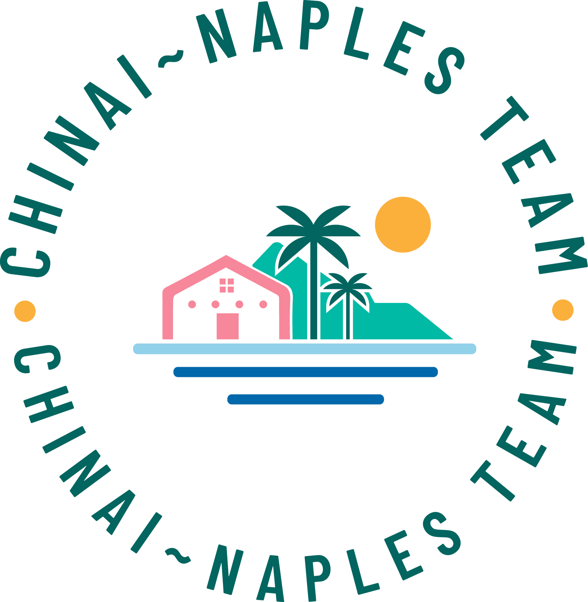 A logo for the chinai-naples team with a house , palm trees , and a sun in a circle.