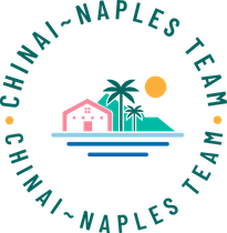 A logo for the chinai-naples team with a house , palm trees , and a sun in a circle.