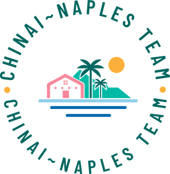 A logo for the chinai-naples team with a house , palm trees , and a sun in a circle.