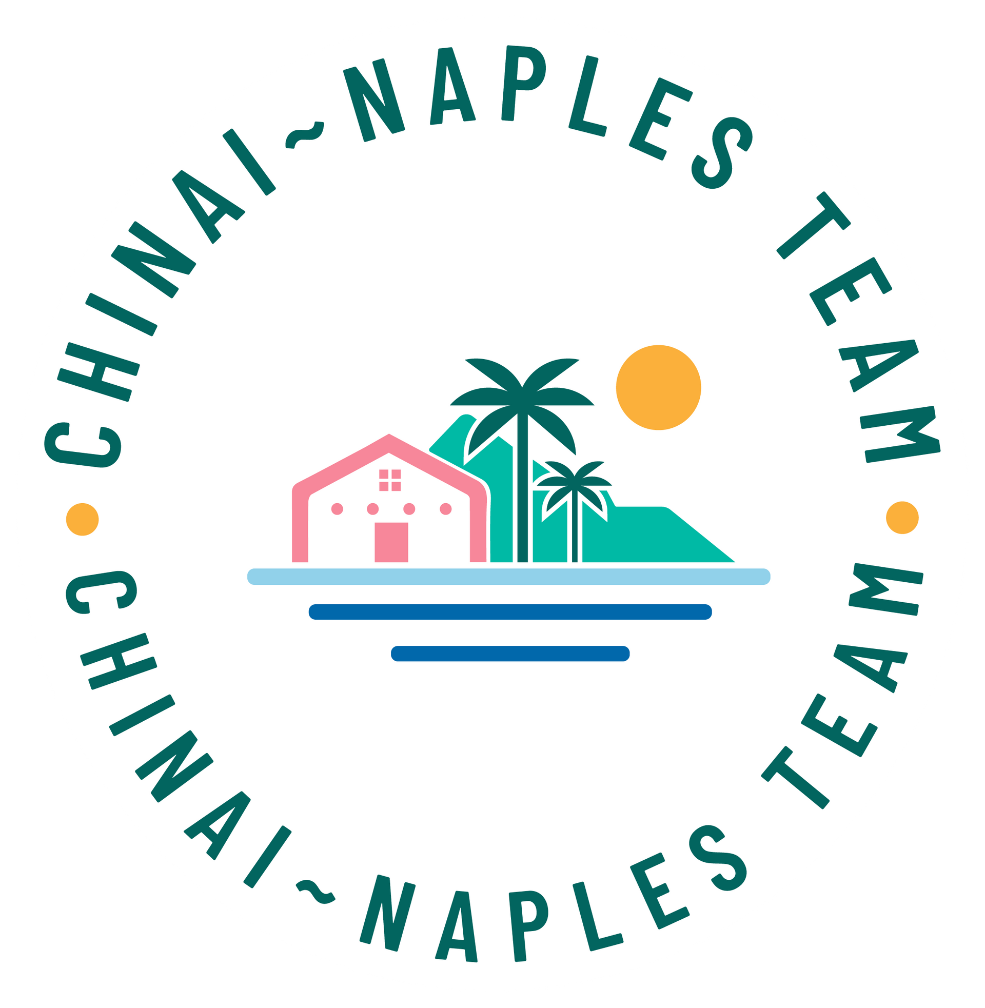 A logo for the chinai-naples team with a house and palm trees in a circle.