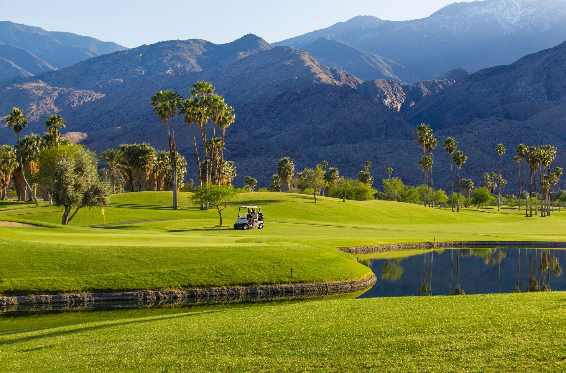 A golf course with palm trees and mountains in the background