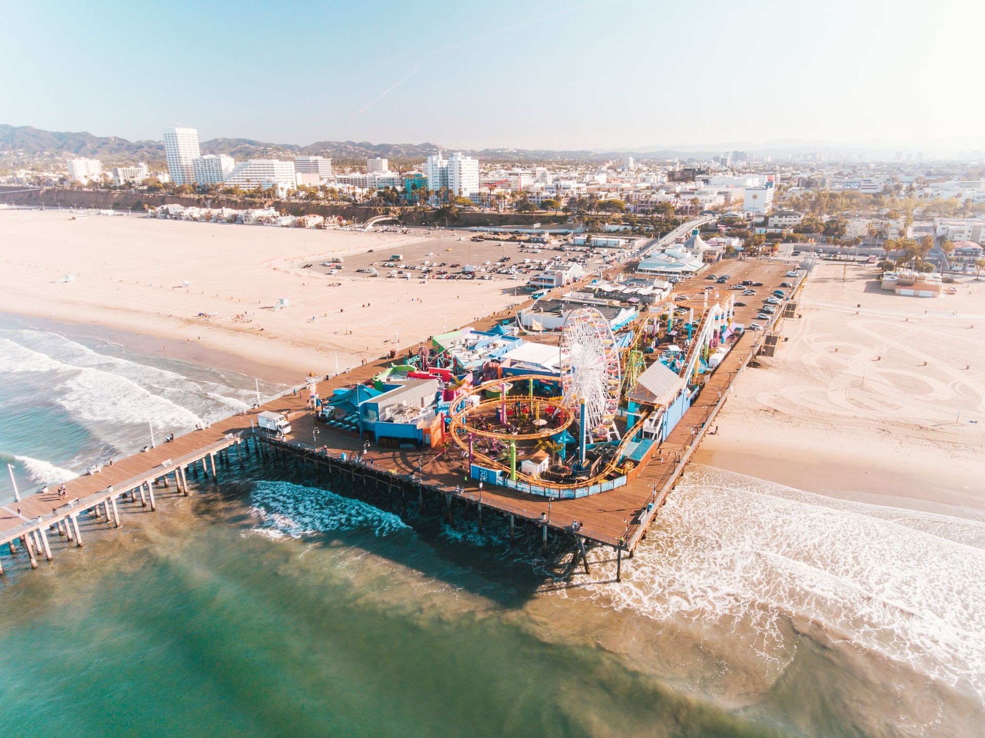 An aerial view of the santa monica pier in los angeles.