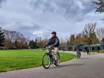 Two people are riding bicycles down a path in a park.