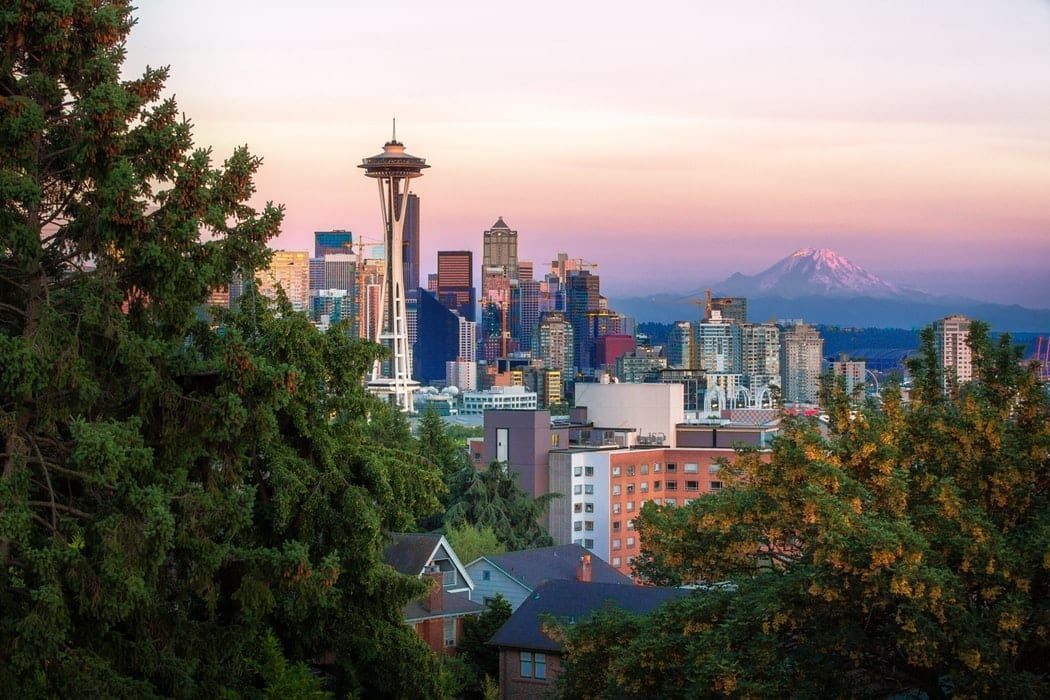 A view of a city skyline at sunset with trees in the foreground.