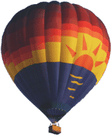 A colorful hot air balloon with a sun on it