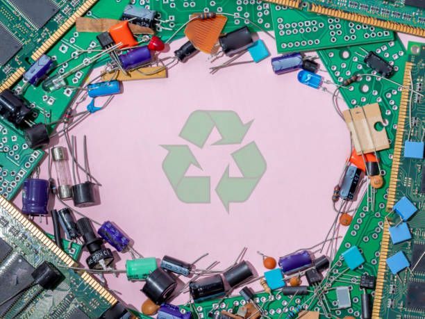 A recycling symbol is surrounded by electronic components on a pink background.