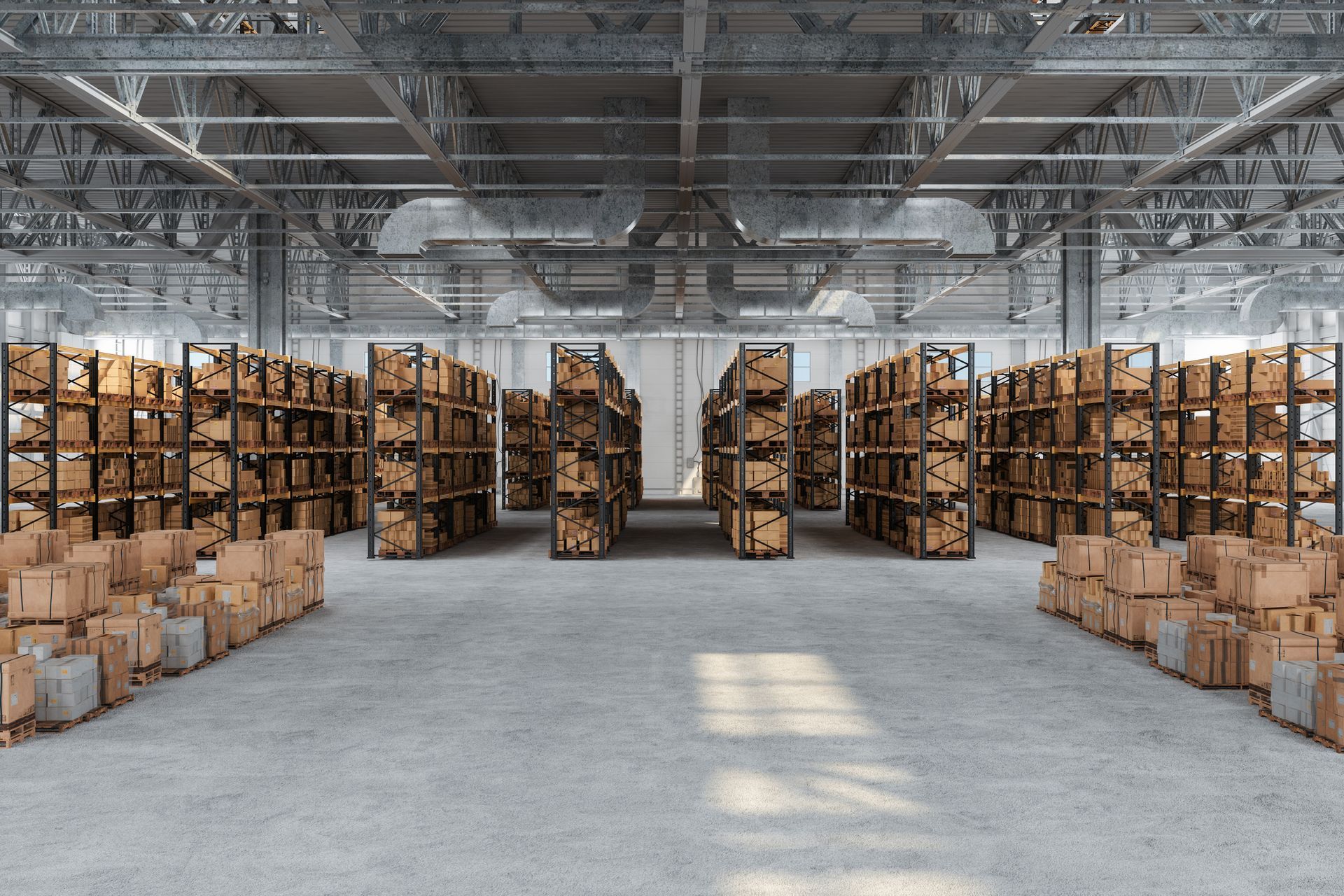A large warehouse filled with lots of boxes on shelves.