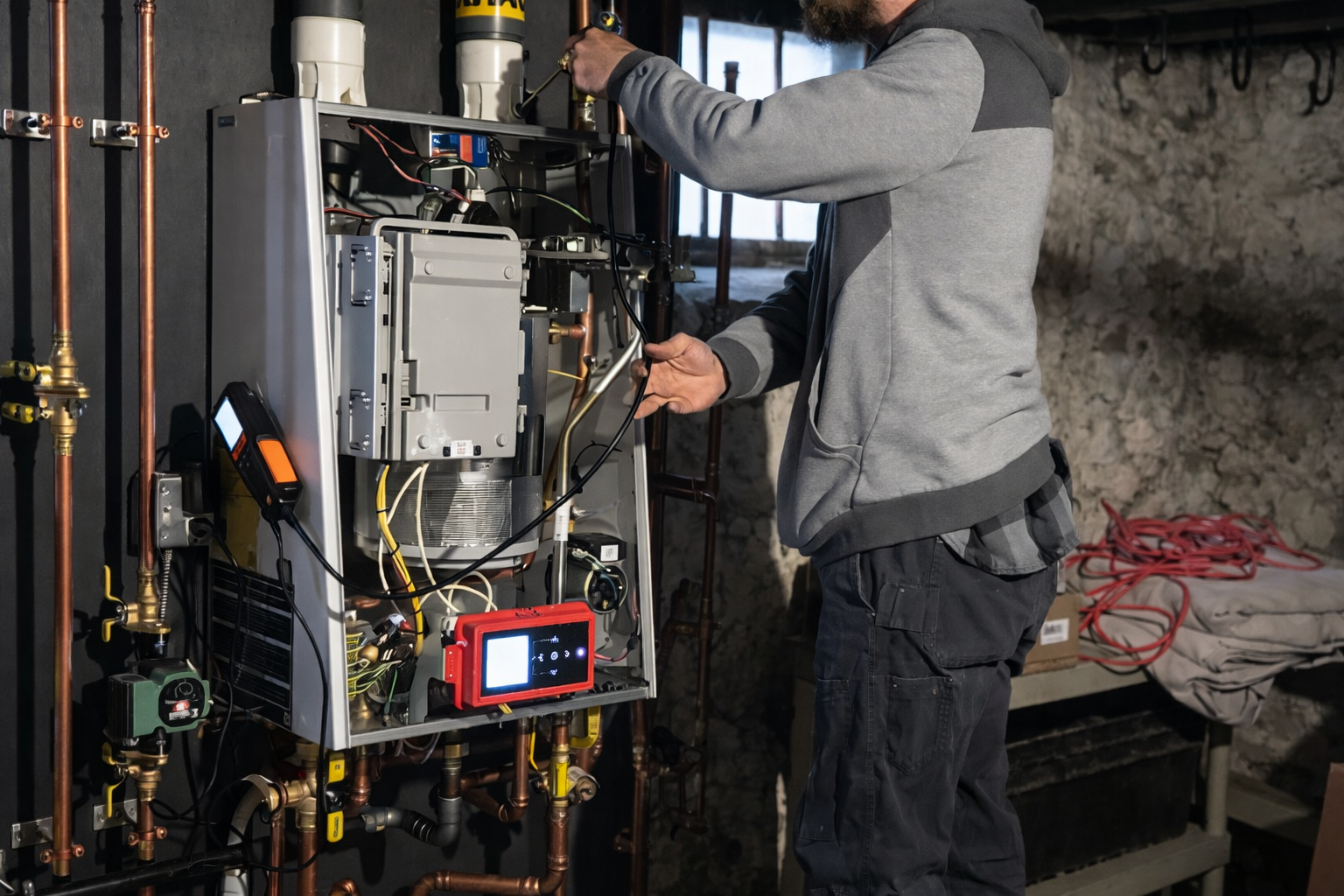 A person in a gray hoodie inspects a wall-mounted boiler in a basement, using a digital display and flashlight.