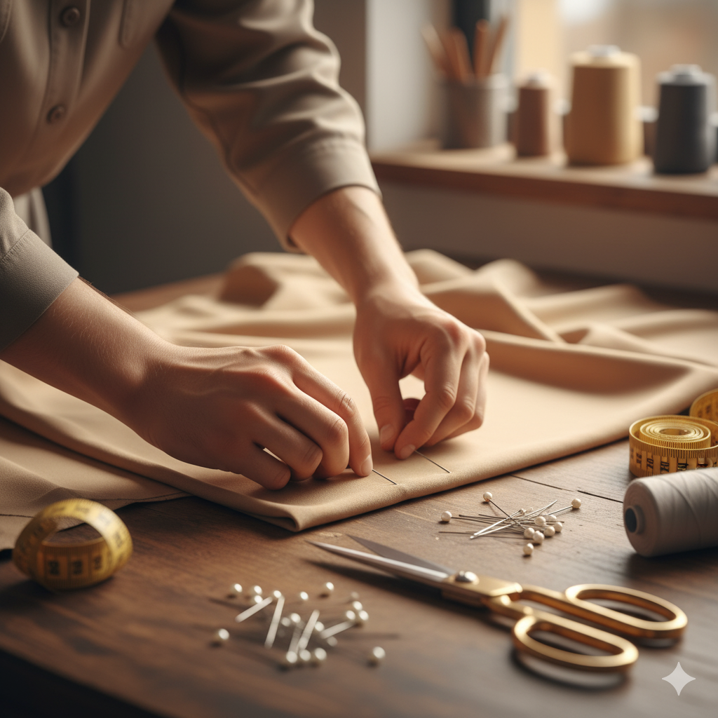 Persona fijando tela sobre una mesa de madera con herramientas de costura.