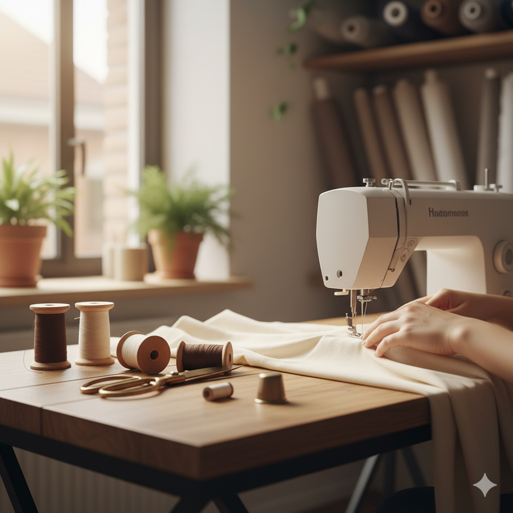 Máquina de coser sobre una mesa de madera. Manos cosiendo tela color crema. Carretes, tijeras, dedal, plantas, ventana y estantes con tela.
