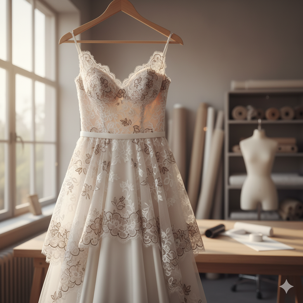 Vestido de novia en una percha en un estudio de diseño, luz solar.