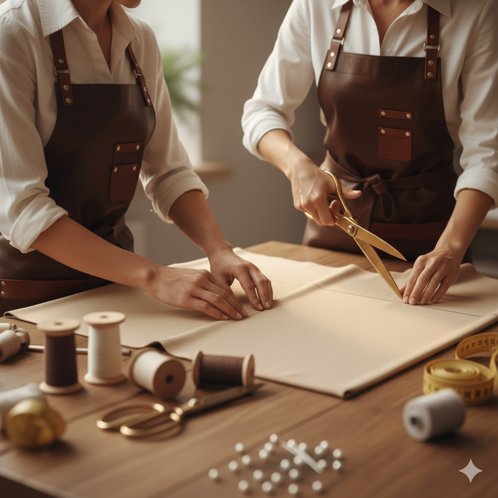 Dos personas cortan tela en una mesa de madera con materiales de costura. Llevan delantales marrones.