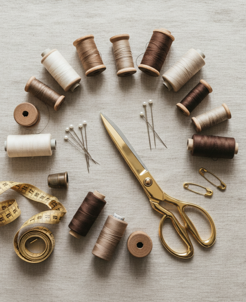 Materiales de costura dispuestos en círculo: carretes de hilo, alfileres, tijeras, cinta métrica, imperdibles, en tonos neutros.
