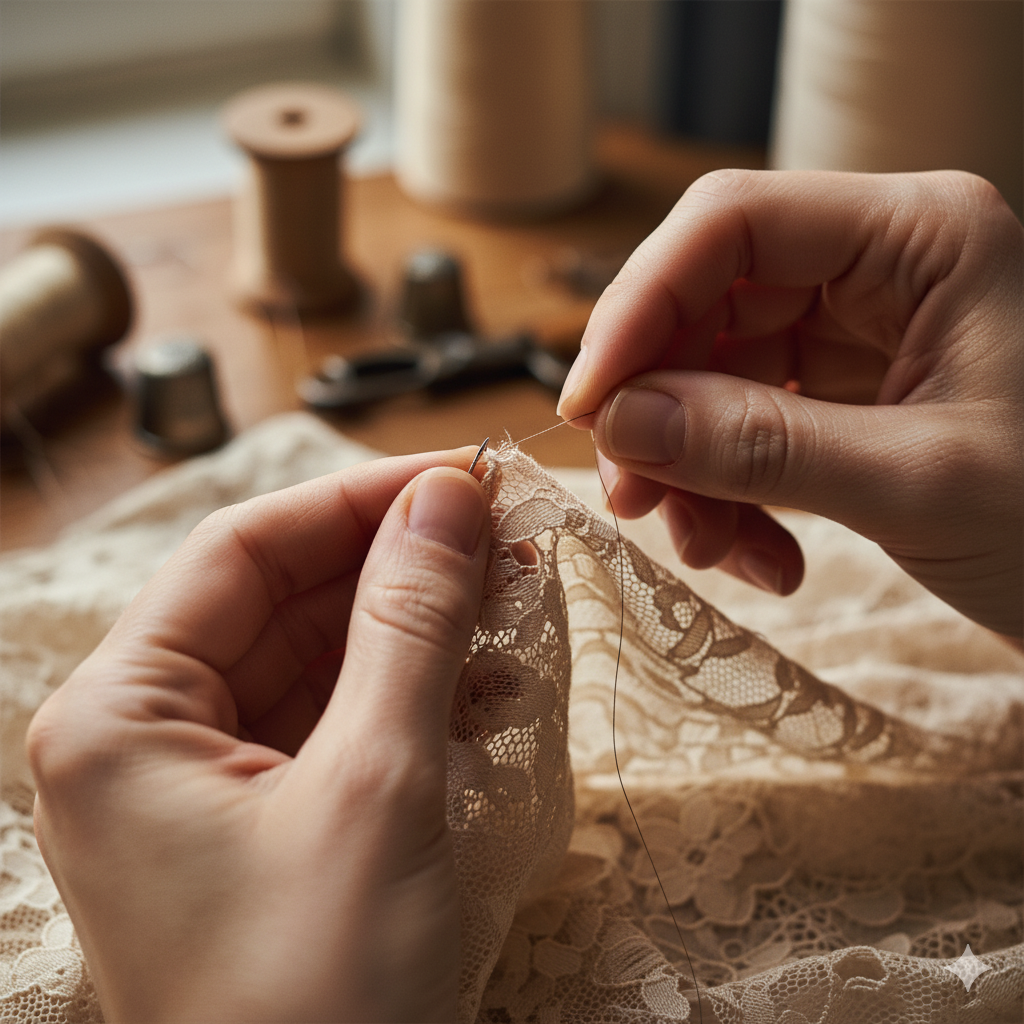 Manos cosiendo delicada tela de encaje con aguja, hilo y herramientas de costura sobre una mesa de madera.