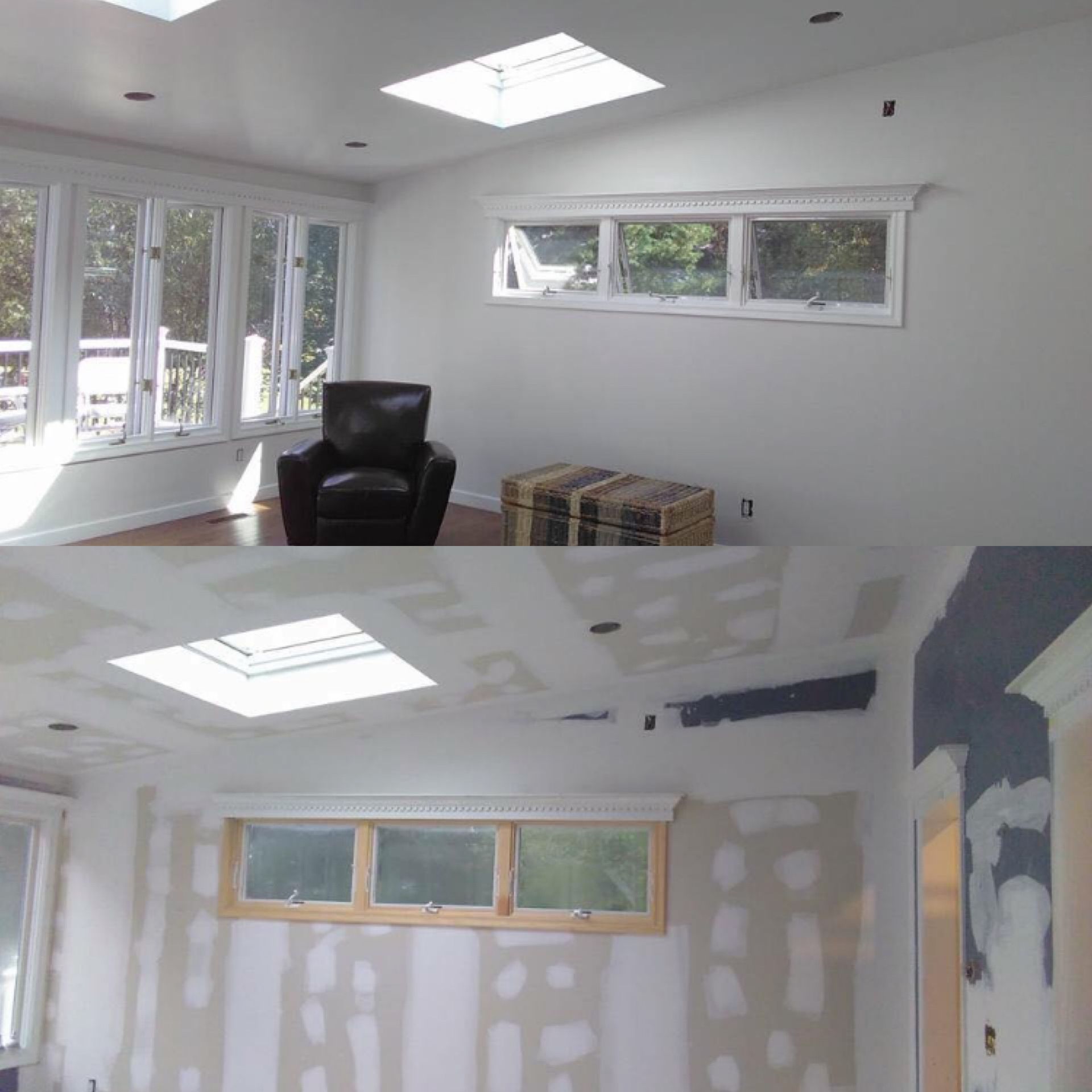 Top: Sunroom with white walls, windows, and leather chair. Bottom: Room under construction.
