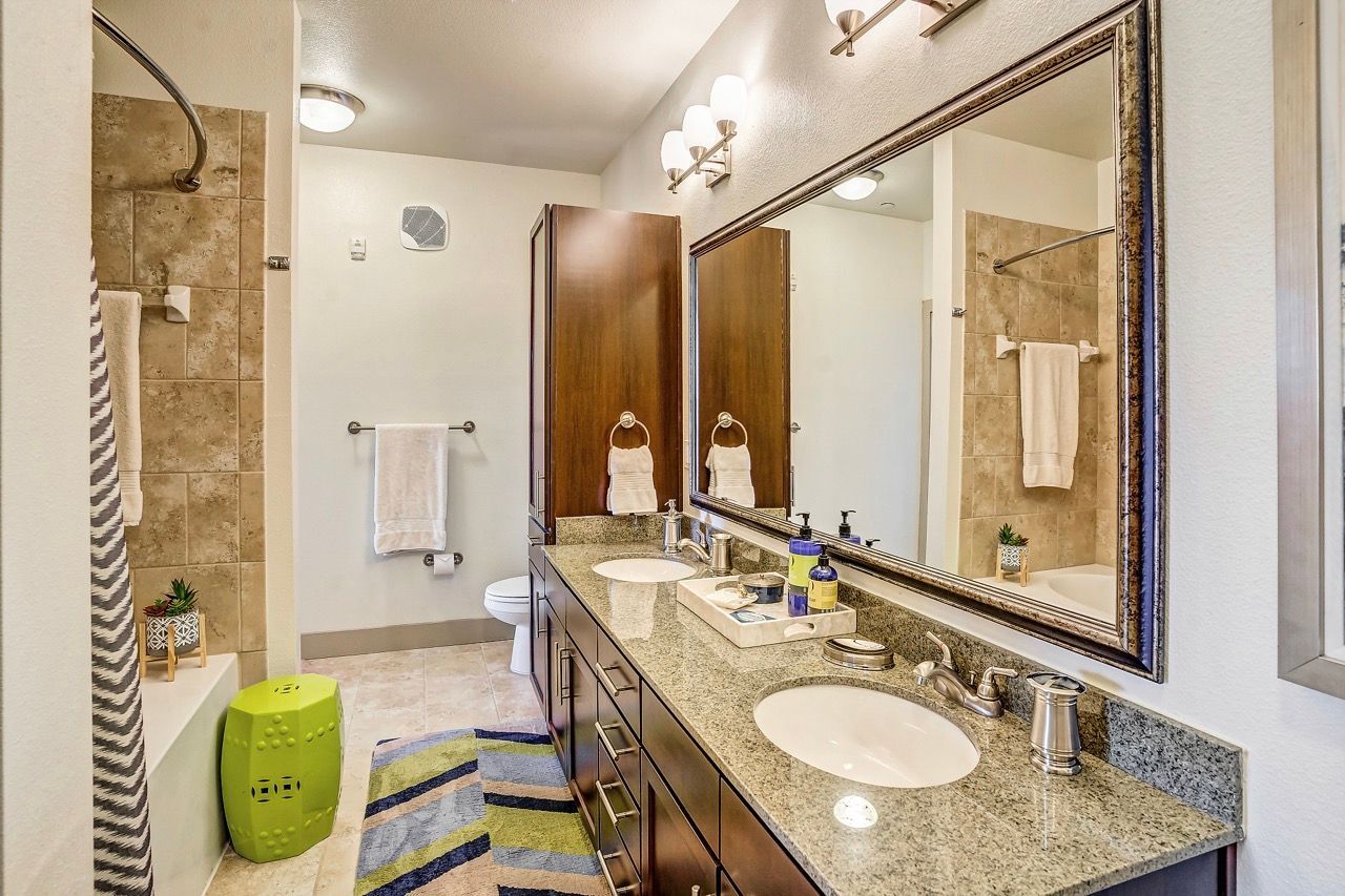 Double-sink bathroom vanity with granite countertop and tiled shower.