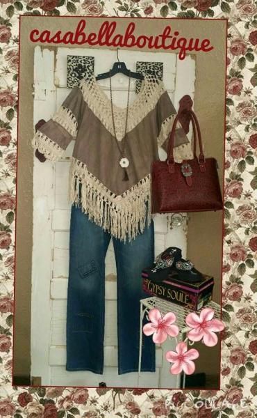 Boutique fashion collage: beige fringe poncho, jeans, brown handbag, and pink flowers on a cream background