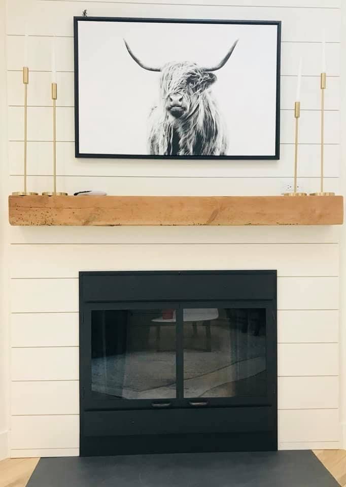 Fireplace with a black framed artwork of a Highland cow, white shiplap wall, and wooden mantel.