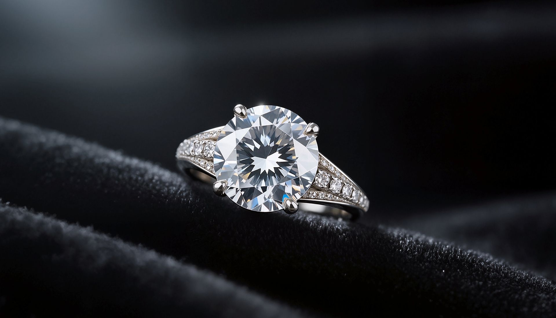 Diamond ring with large center stone on black velvet.