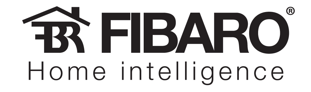 The fibaro home intelligence logo is black and white on a white background.