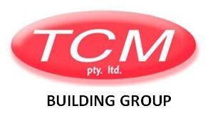 A red and white logo for TCM pty ltd building group